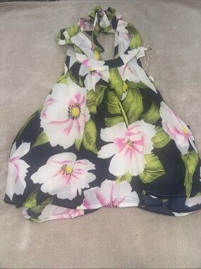 Floral Halter Top - Navy, White & Pink